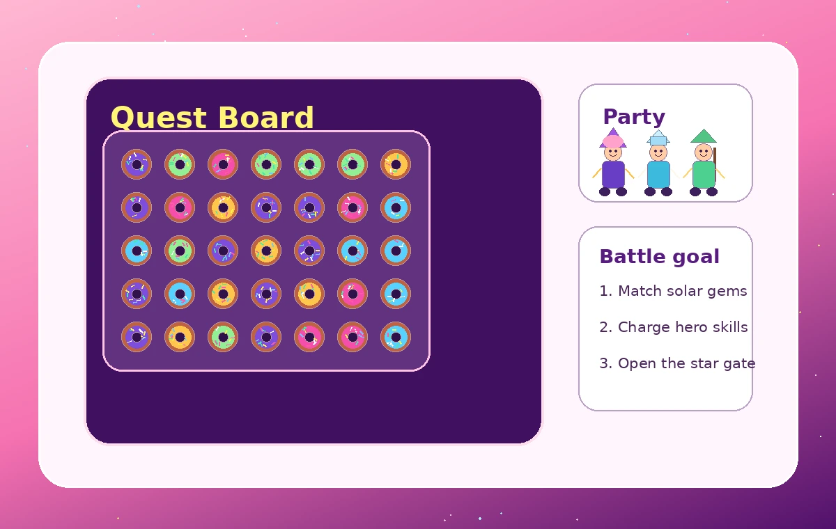 Solar Vista gameplay board with party heroes battle goals and colorful match tiles