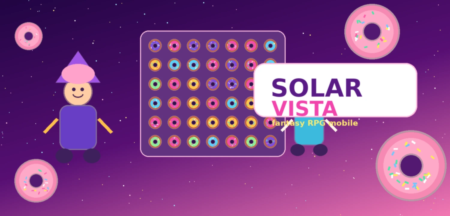 Solar Vista fantasy RPG scene with heroes candy planets and a match battle board
